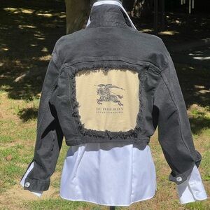 ZARA Black Cropped Jean Jacket with Upcycled Cream Burberry Patch XL